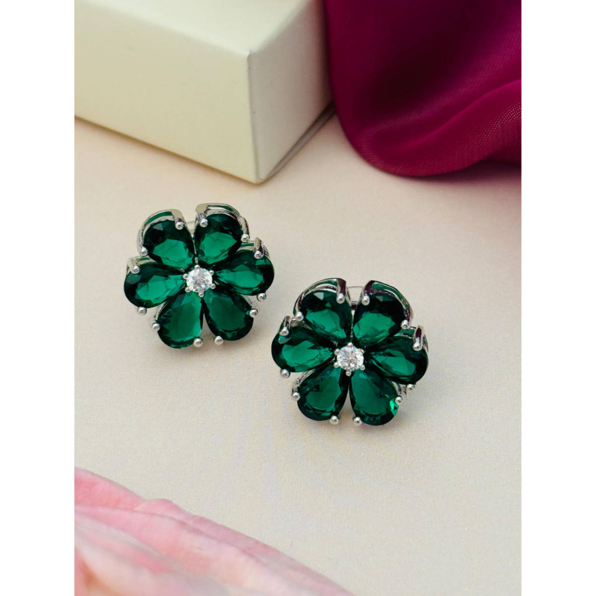 Abdesigns Silver Plated Green American Diamond Studs