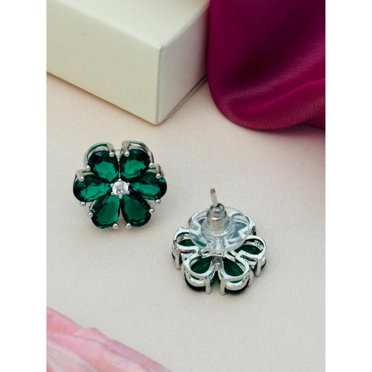 Abdesigns Silver Plated Green American Diamond Studs