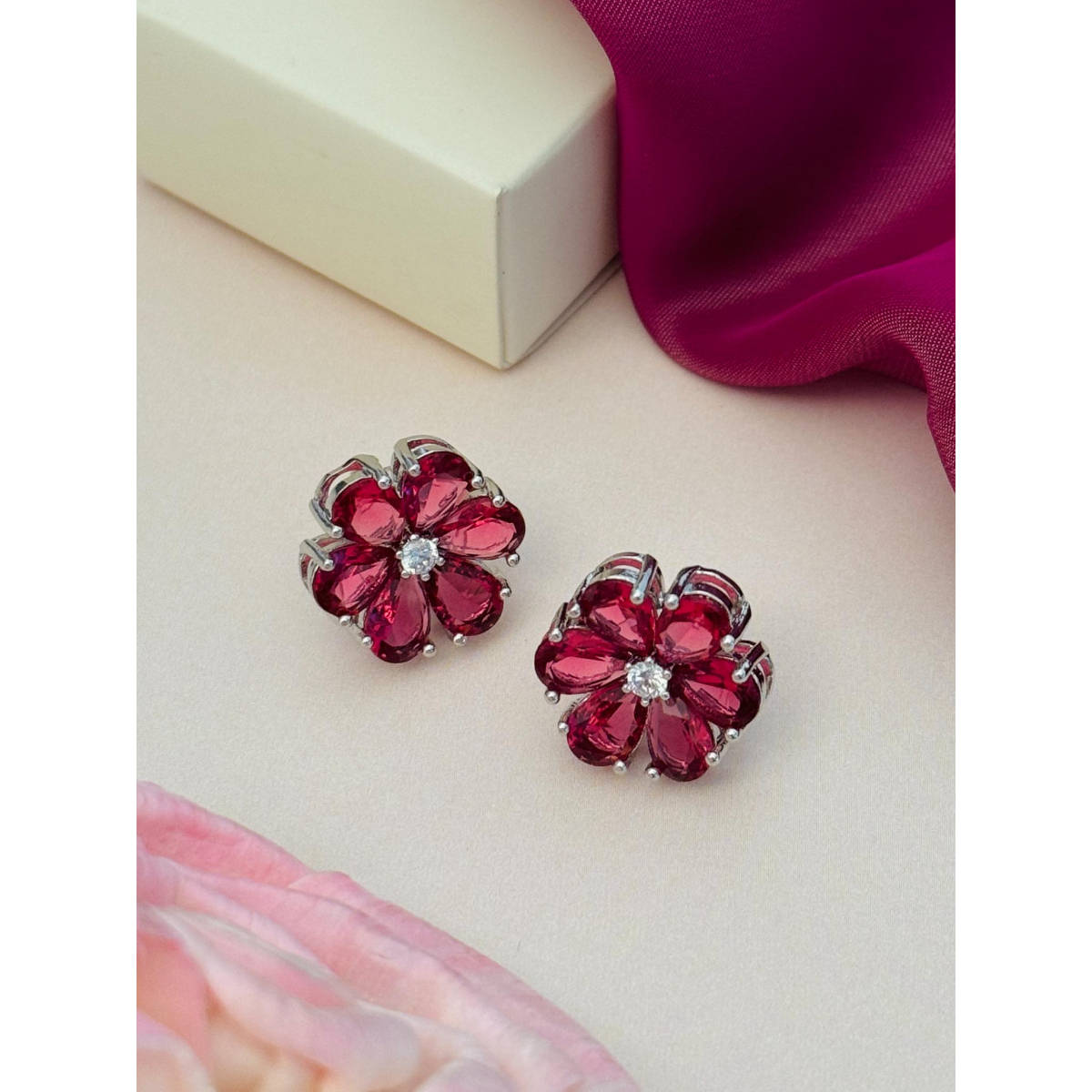 Abdesigns Silver Plated Red American Diamond Studs