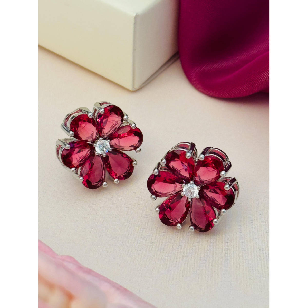 Abdesigns Silver Plated Red American Diamond Studs
