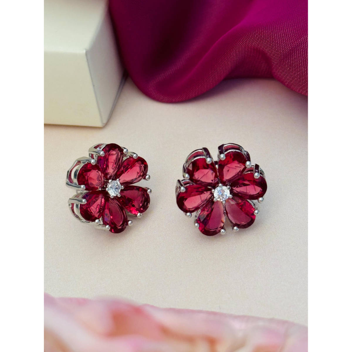 Abdesigns Silver Plated Red American Diamond Studs