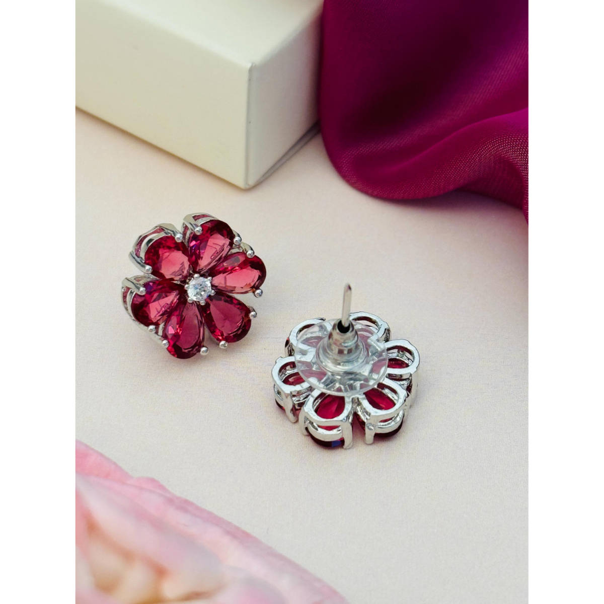 Abdesigns Silver Plated Red American Diamond Studs