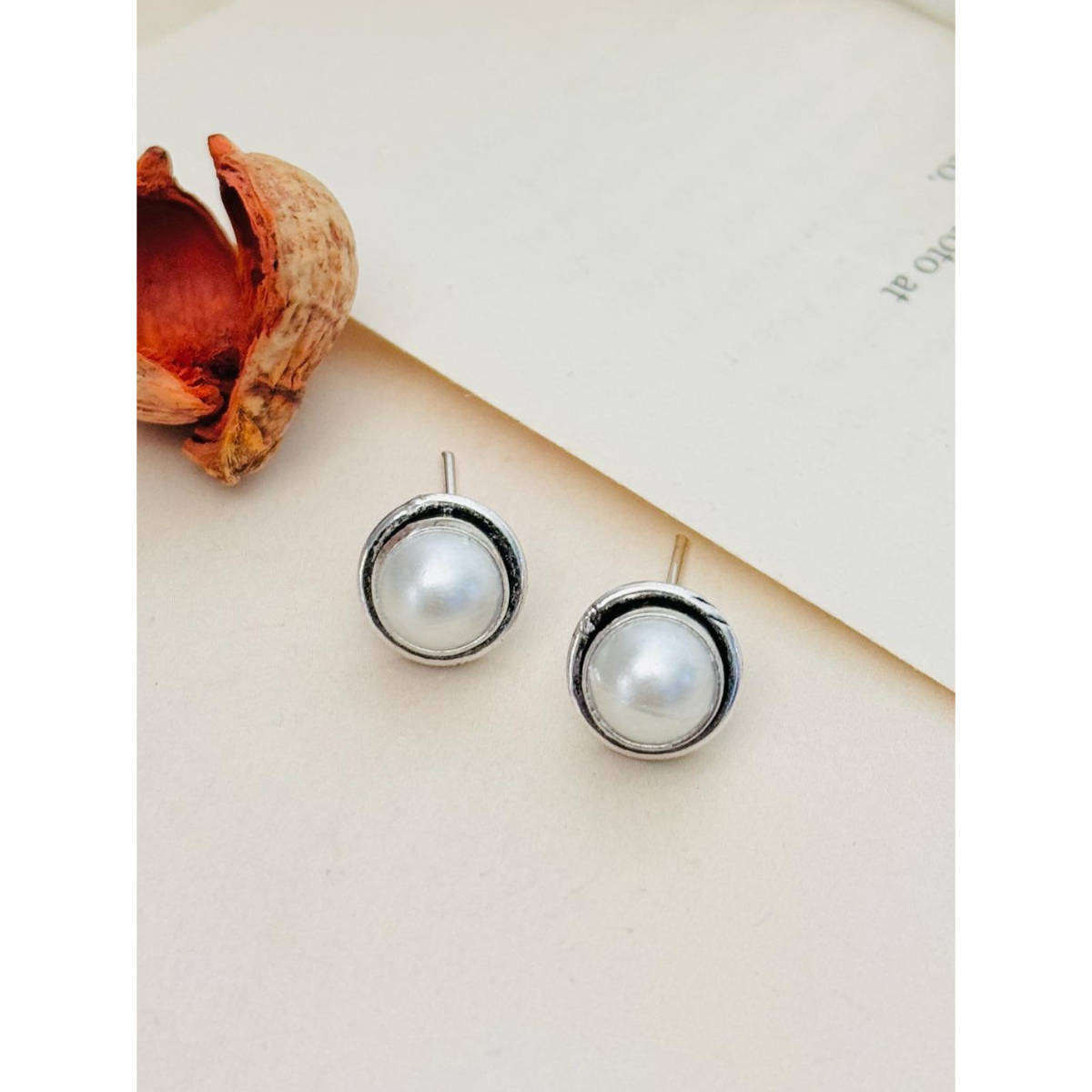 Abdesigns Silver Plated Off White Pearl Studs
