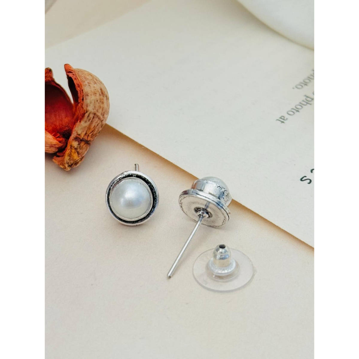 Abdesigns Silver Plated Off White Pearl Studs