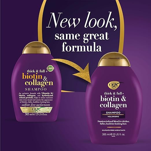 OGX Thick & Full + Biotin & Collagen Volumizing Shampoo for Thin Hair, Thickening Shampoo with Vitamin B7 & Hydrolyzed Wheat Protein, Paraben-Free, Sulfate-Free