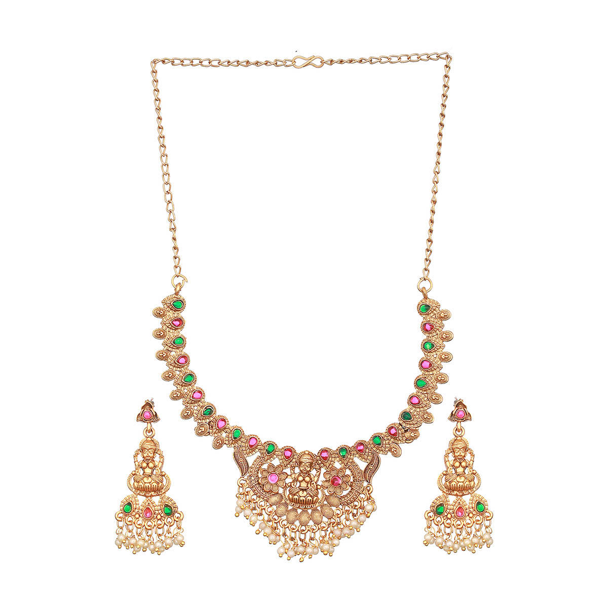 Aatmana Gold-Plated Red and Green Stone-Studded Handcrafted White Beaded Temple Jewellery Set