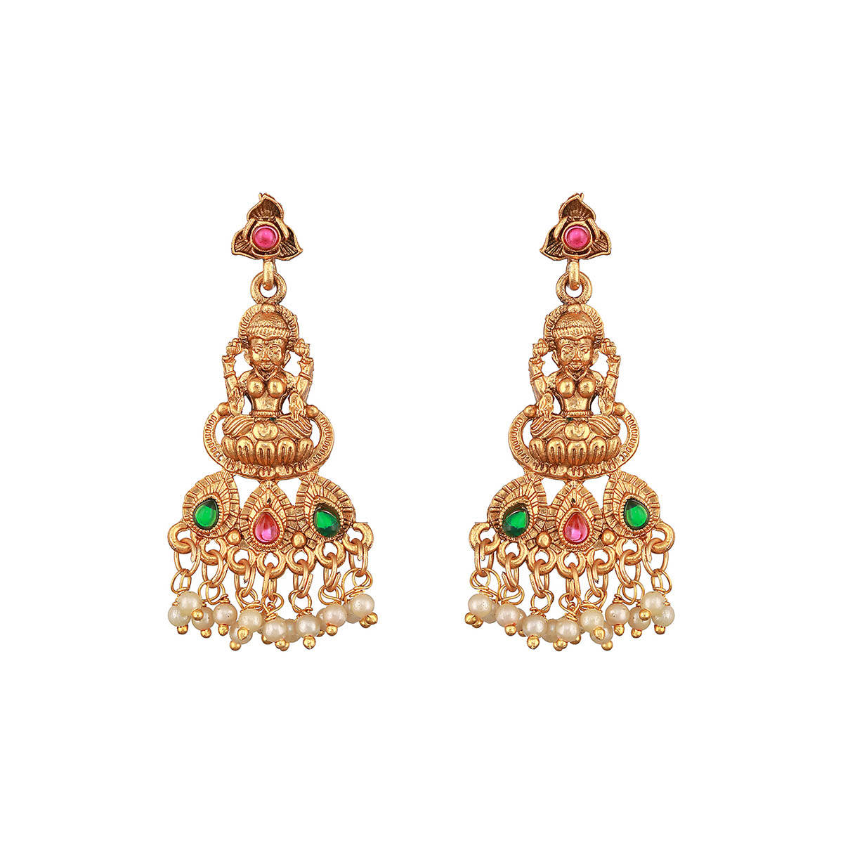 Aatmana Gold-Plated Red and Green Stone-Studded Handcrafted White Beaded Temple Jewellery Set
