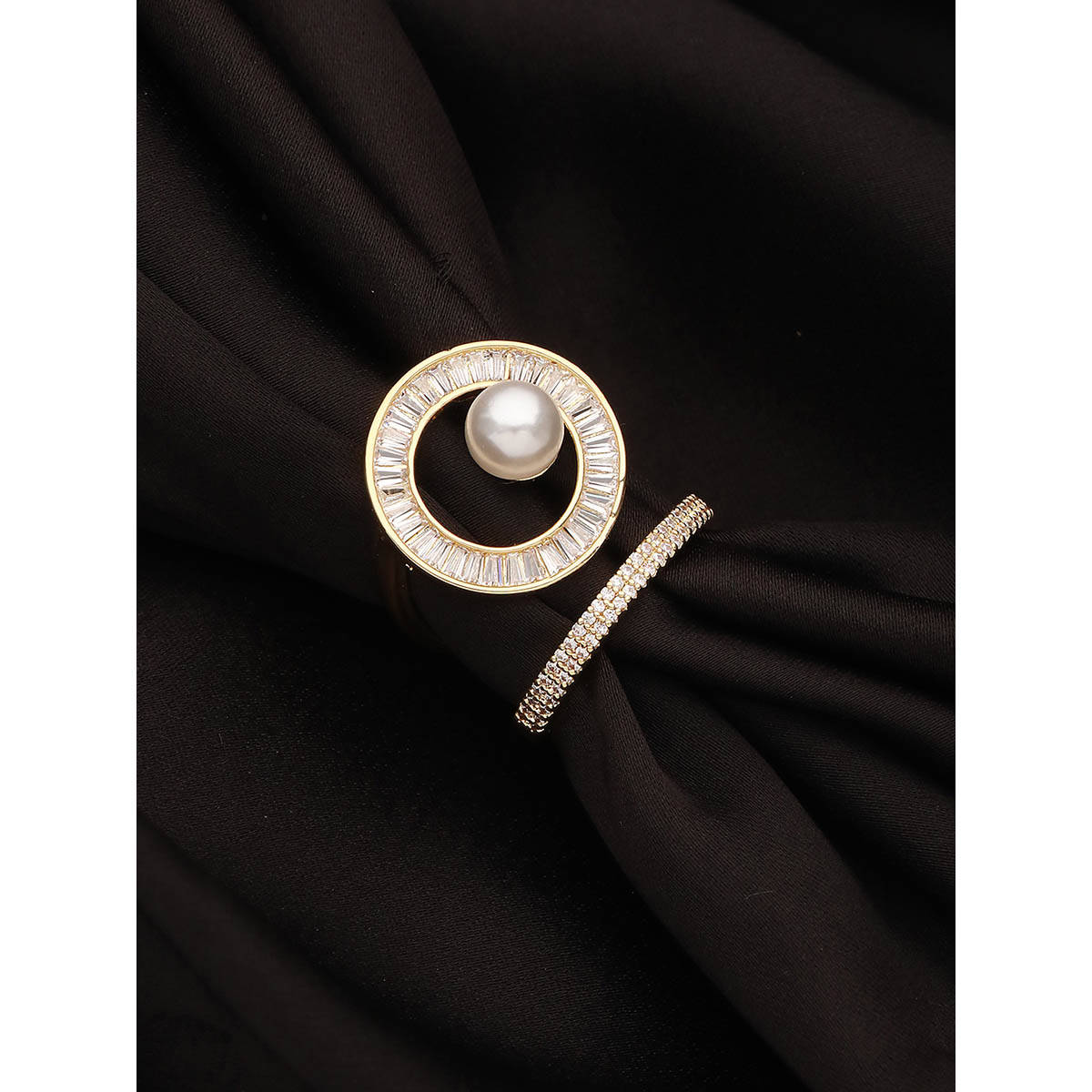 Aatmana Gold-Plated Cz-Studded and White Bead Adjustable Finger Ring