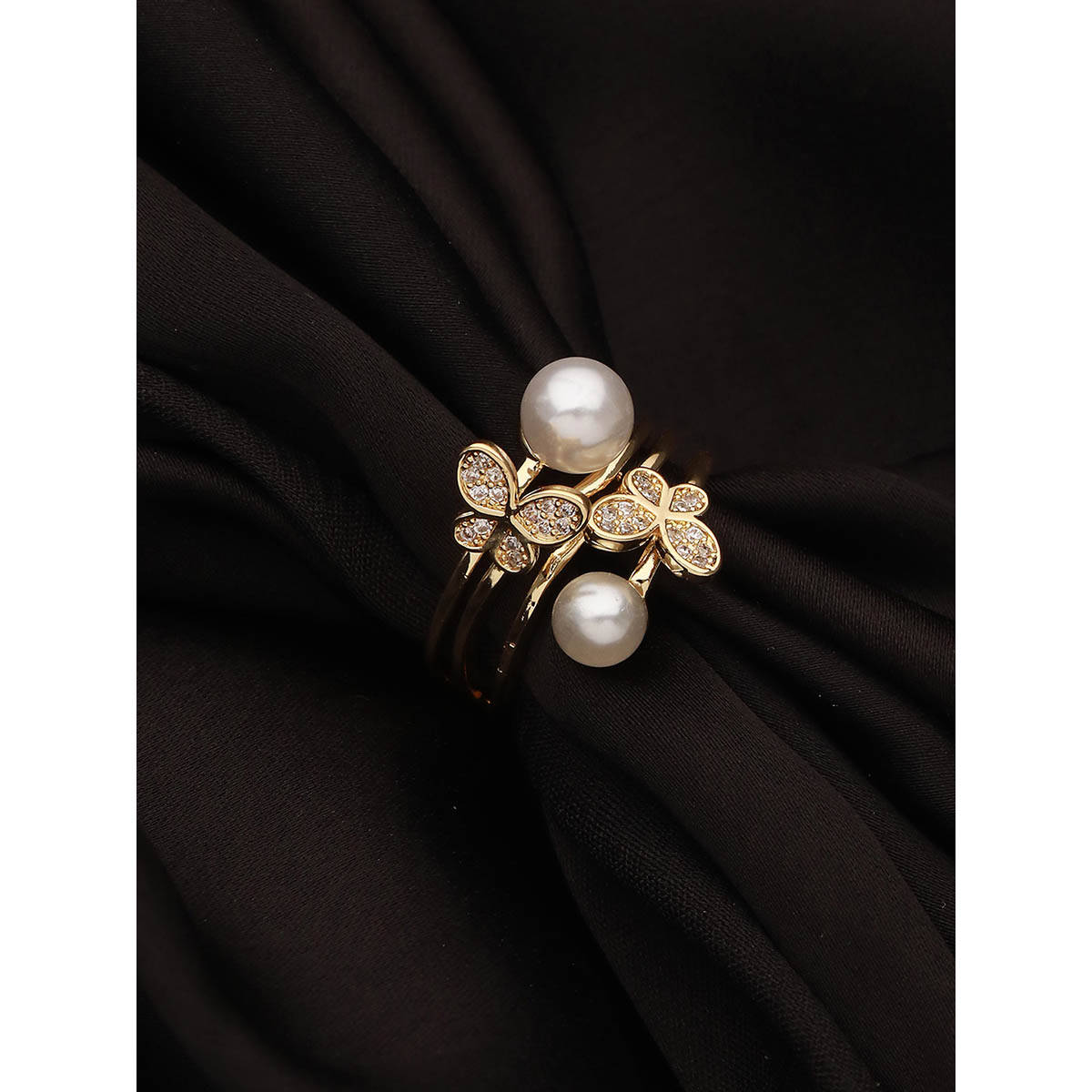 Aatmana Gold Plated Pearl Studded and Layered Butterfly Adjustable Ring