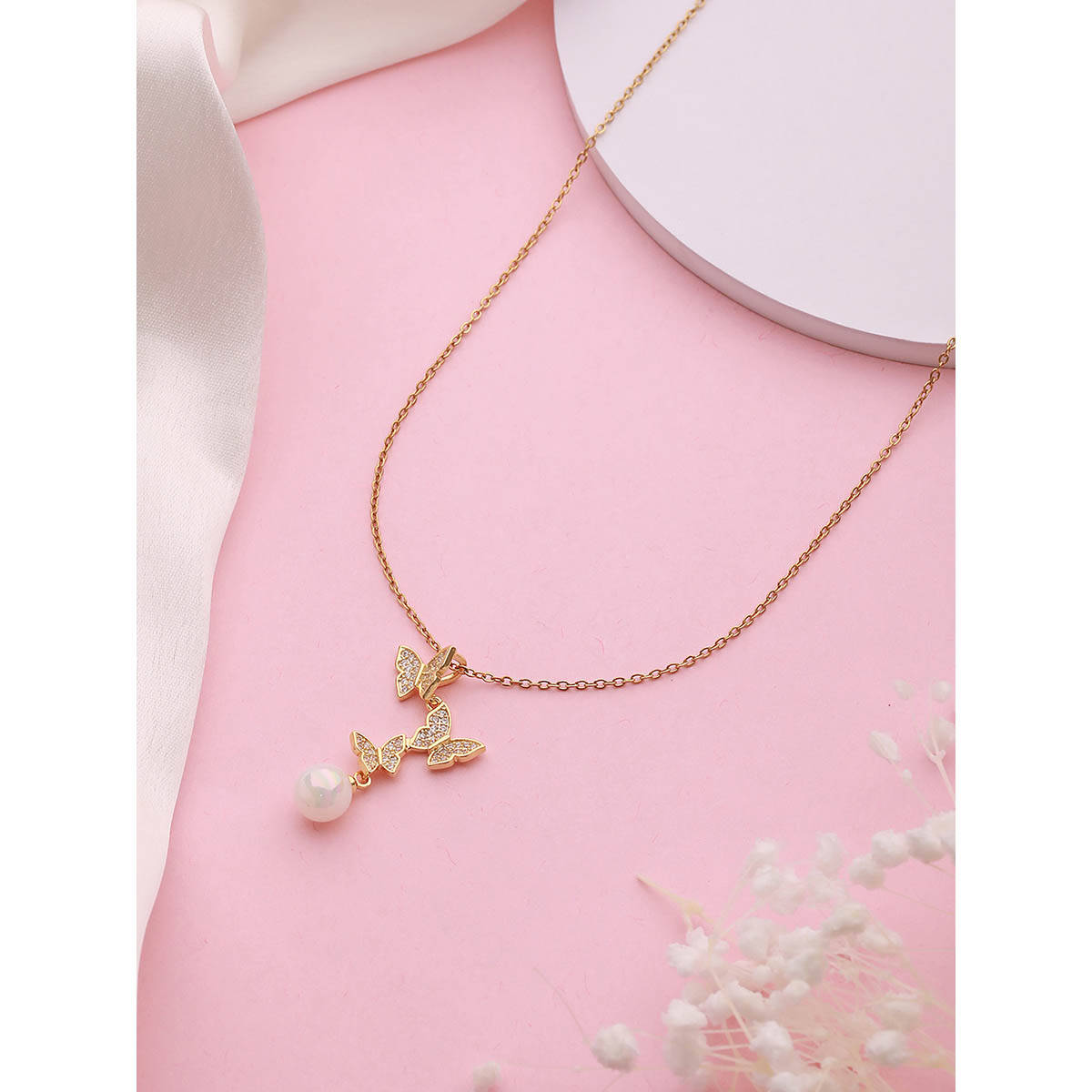 Aatmana Gold-Plated Couple Butterfly Pendant Chain With Pearl Drop