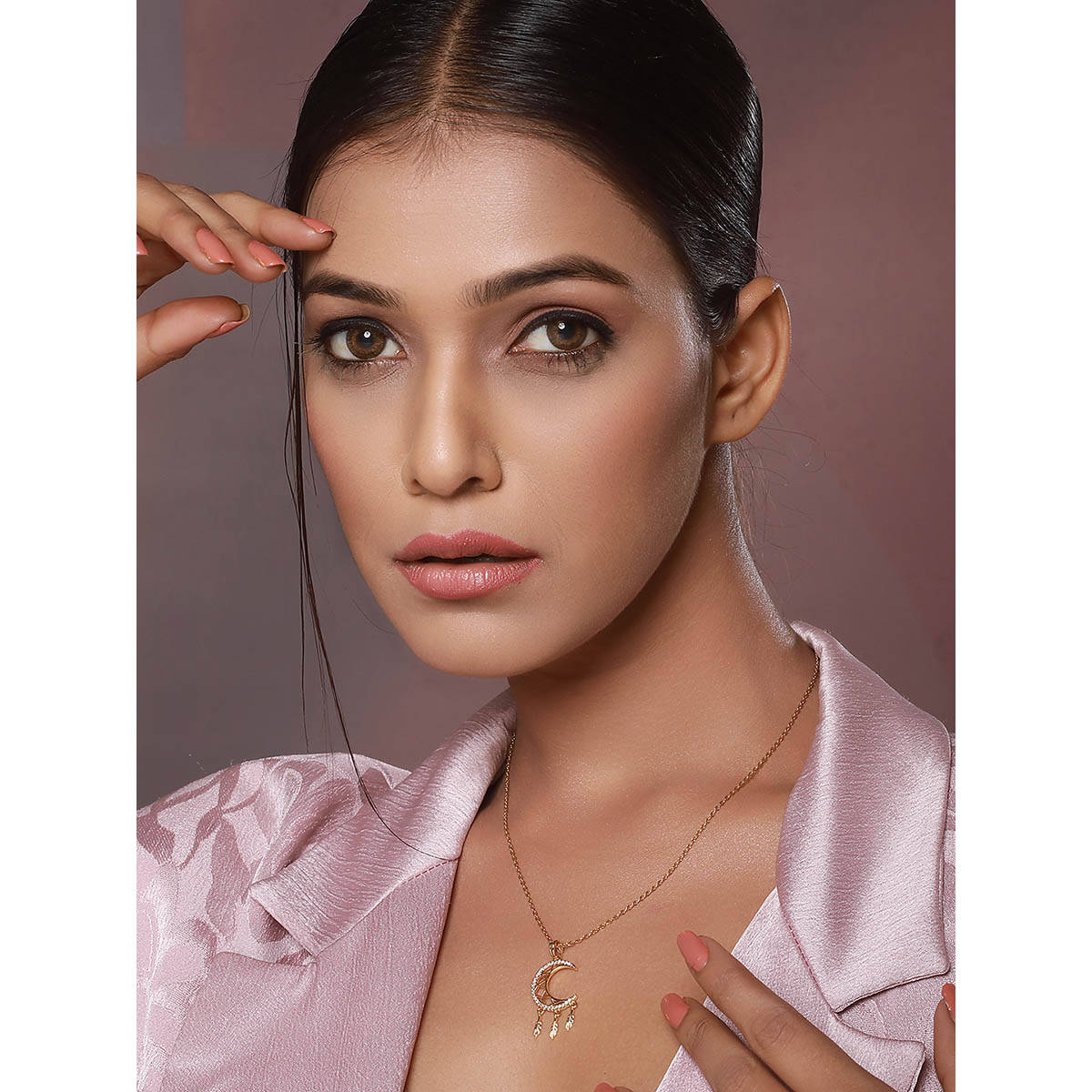 Aatmana Gold-Plated Half Moon Cz Studded Pendant With Chain