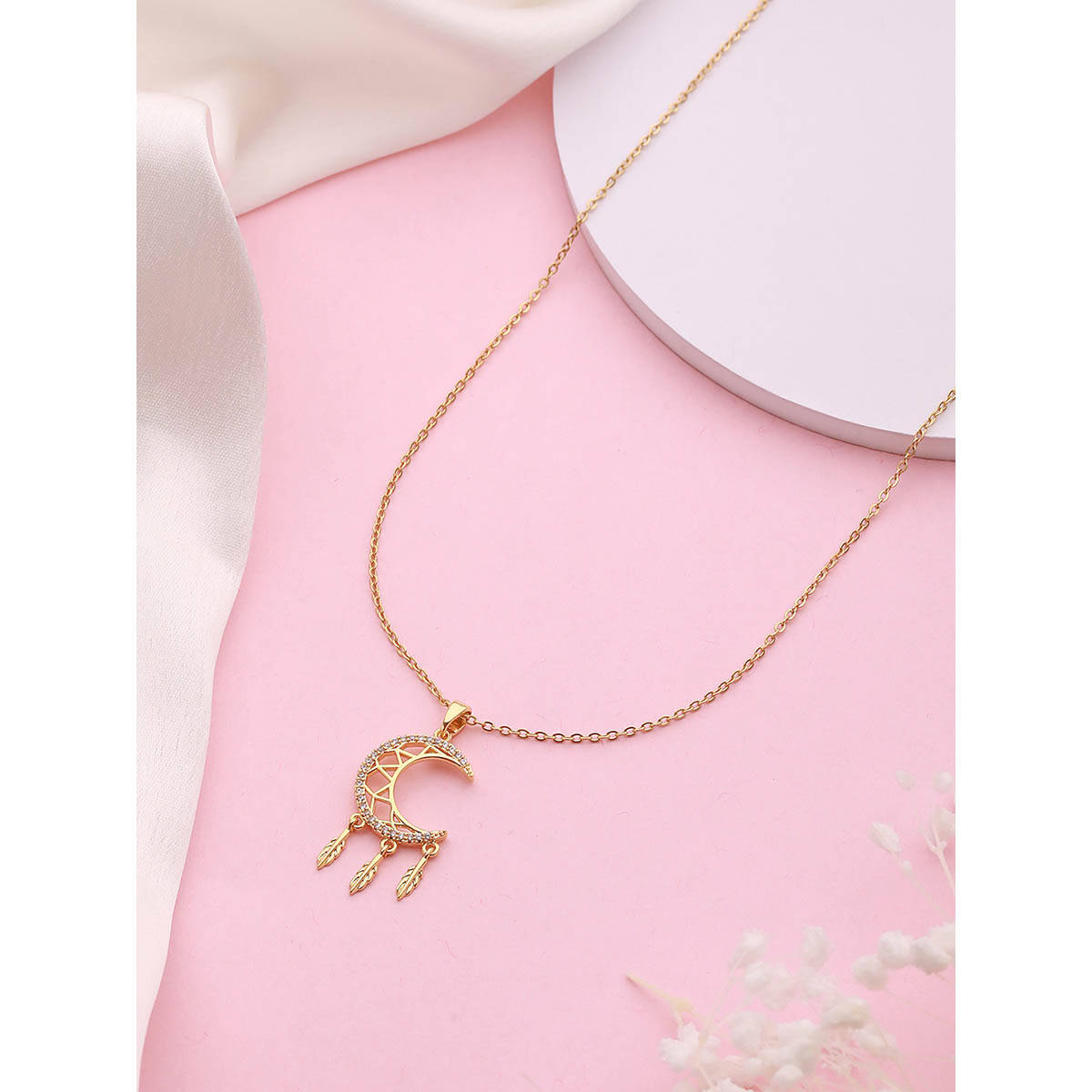 Aatmana Gold-Plated Half Moon Cz Studded Pendant With Chain