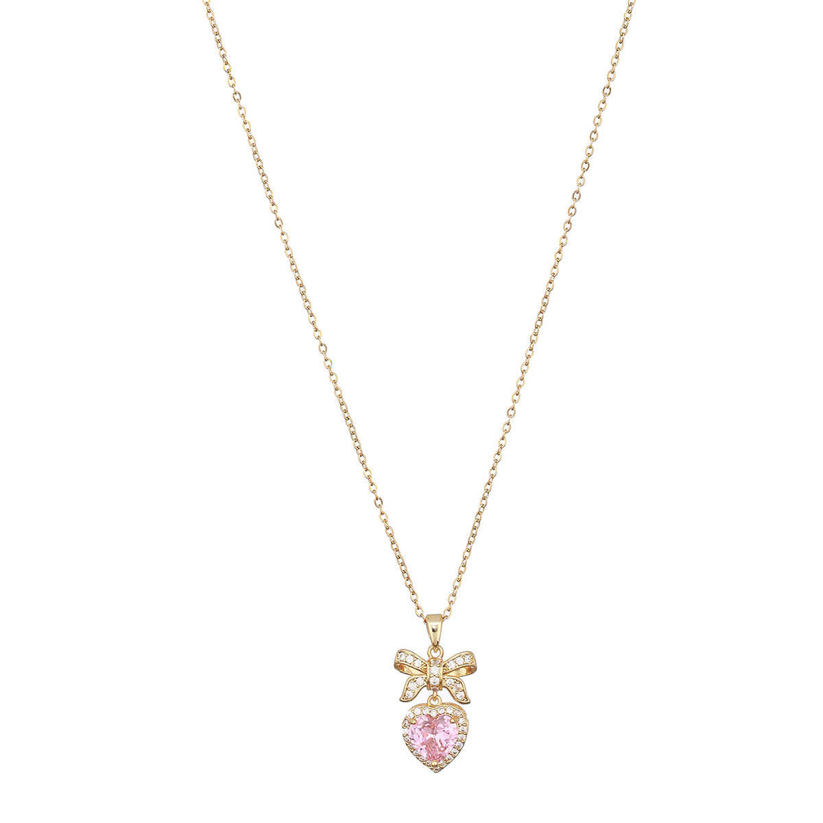 Aatmana Gold-Plated Bow Shaped Pink Heart Austrian Crystal Pendant With Chain
