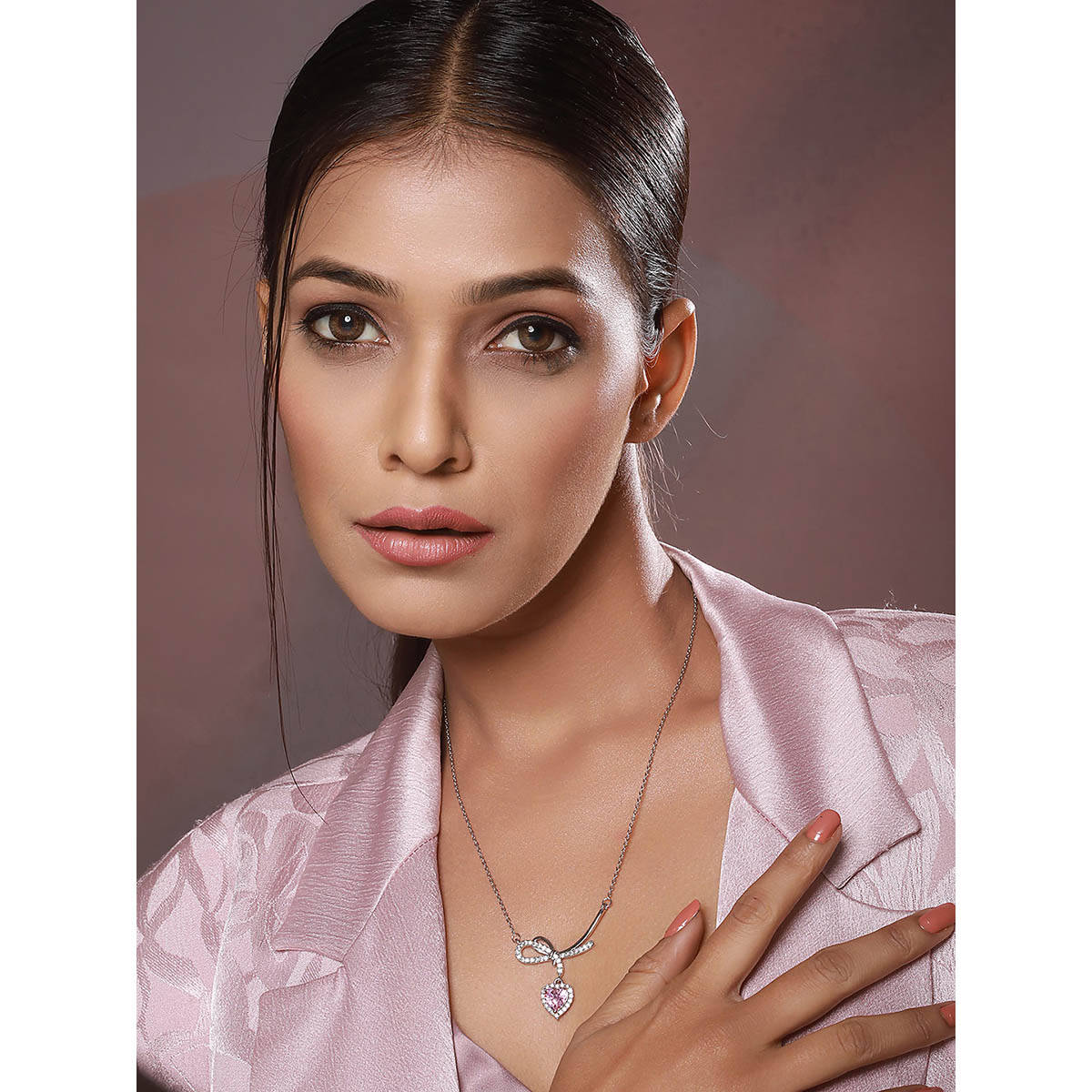 Aatmana Silver-Plated Bow Shaped Pink Hearts Cz Studded Chain Necklace