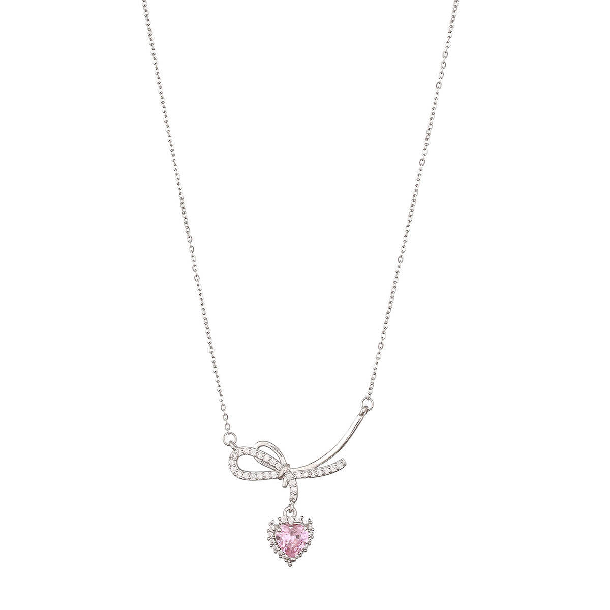 Aatmana Silver-Plated Bow Shaped Pink Hearts Cz Studded Chain Necklace
