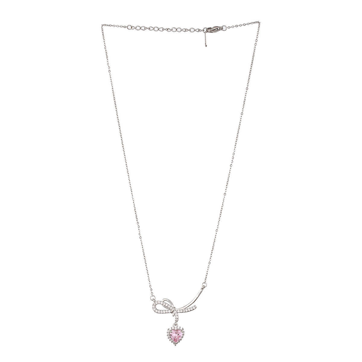 Aatmana Silver-Plated Bow Shaped Pink Hearts Cz Studded Chain Necklace