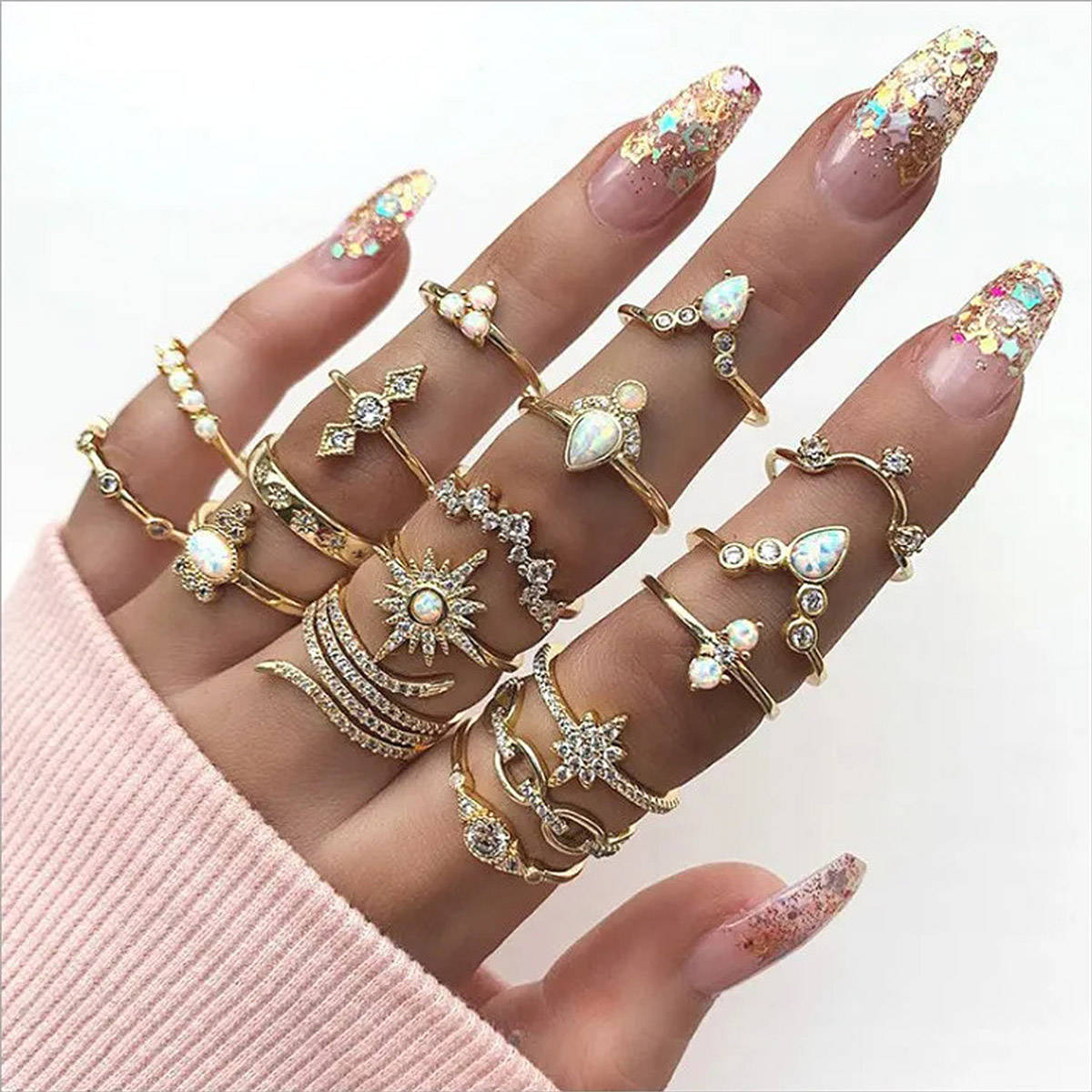Aatmana Multi-Color Gold Plated Stones Rings (Set of 17)