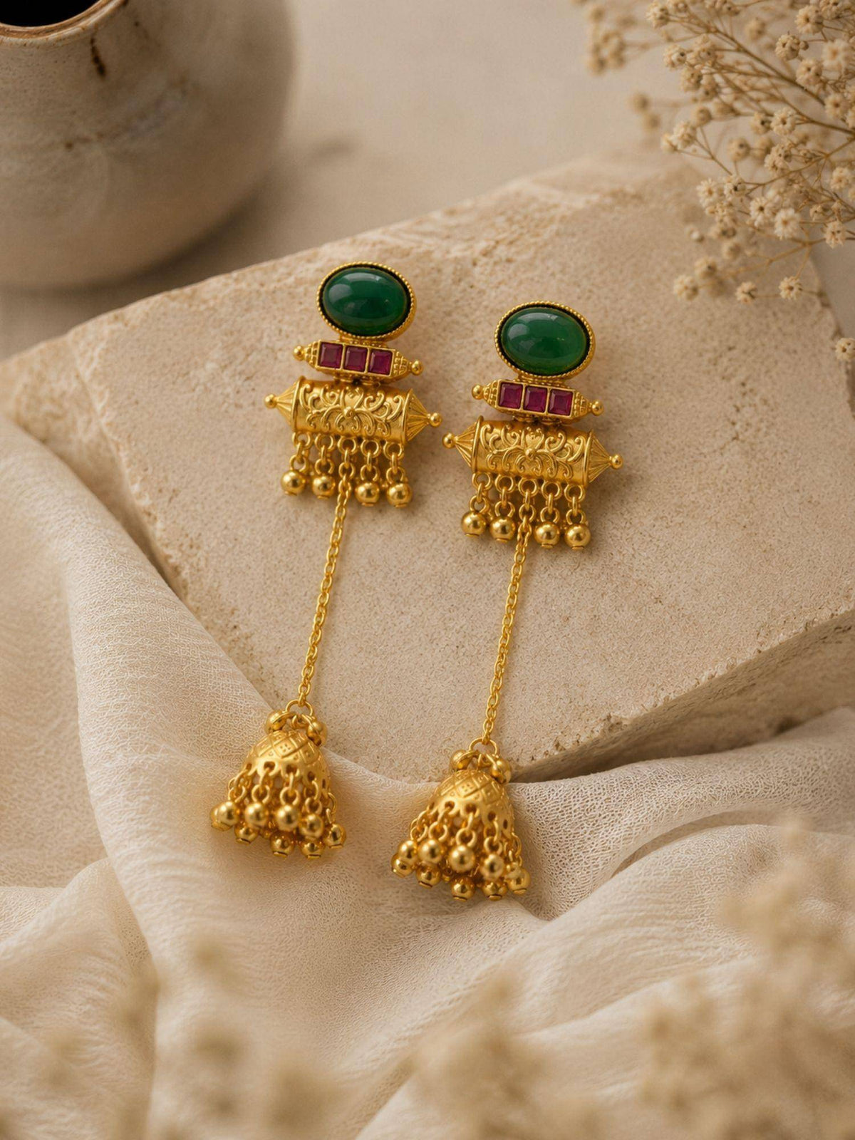 Abdesigns Women Green Stones Brass Pair Of Earrings