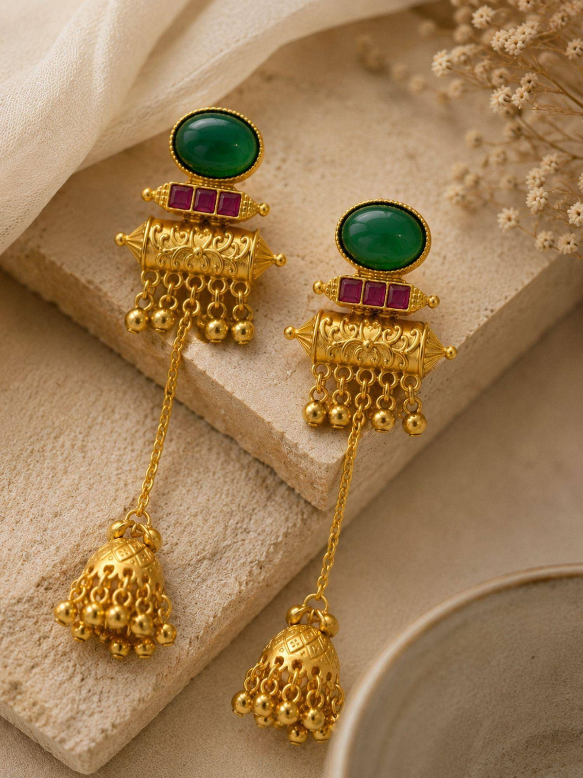 Abdesigns Women Green Stones Brass Pair Of Earrings