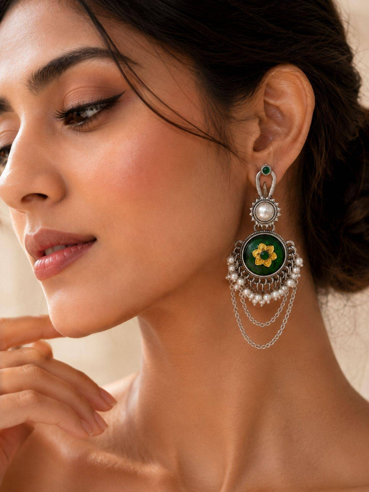 Abdesigns Women Green Stones Brass Pair Of Earrings