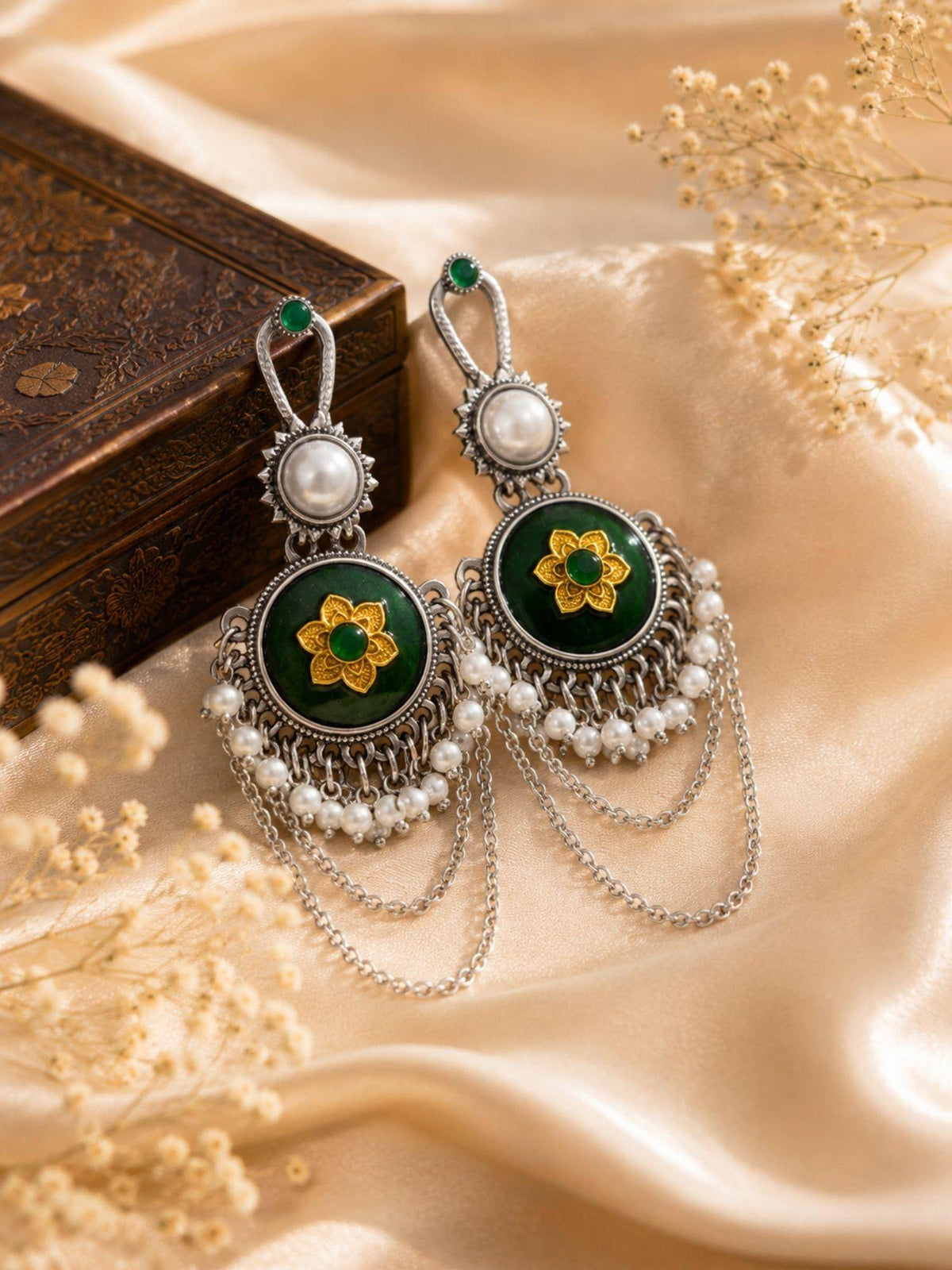 Abdesigns Women Green Stones Brass Pair Of Earrings