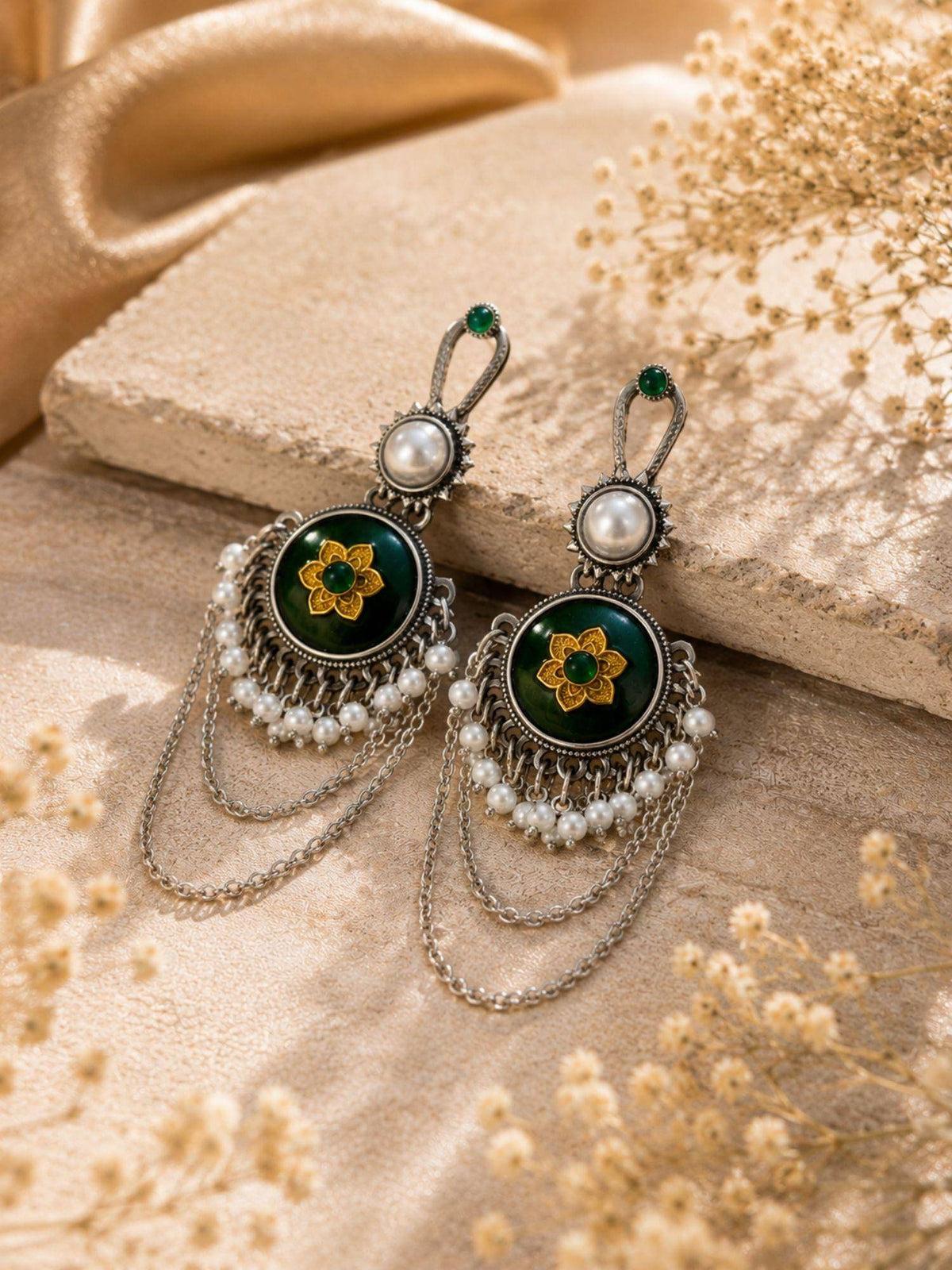Abdesigns Women Green Stones Brass Pair Of Earrings