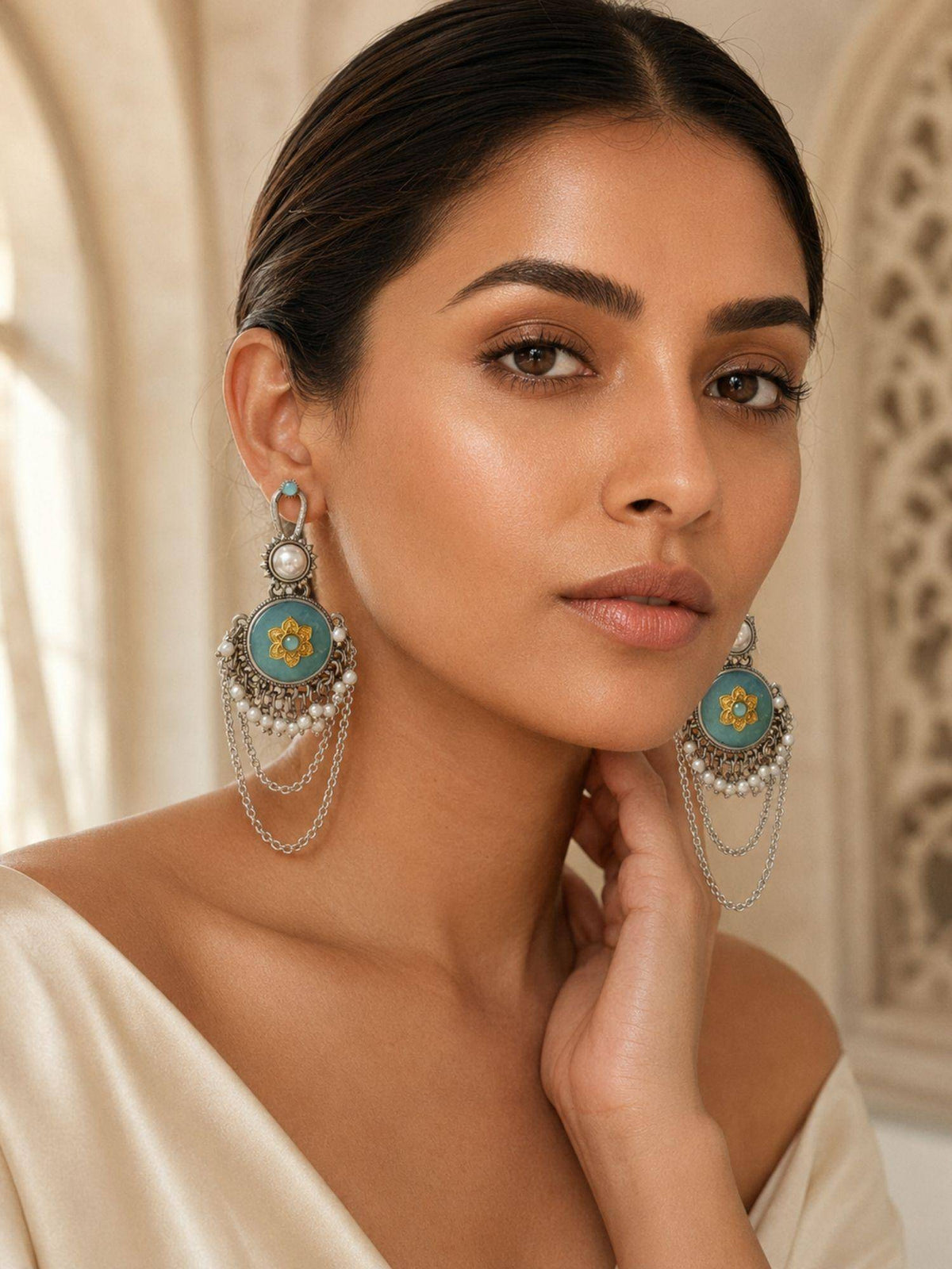 Abdesigns Women Turquoise Stones Brass Pair Of Earrings