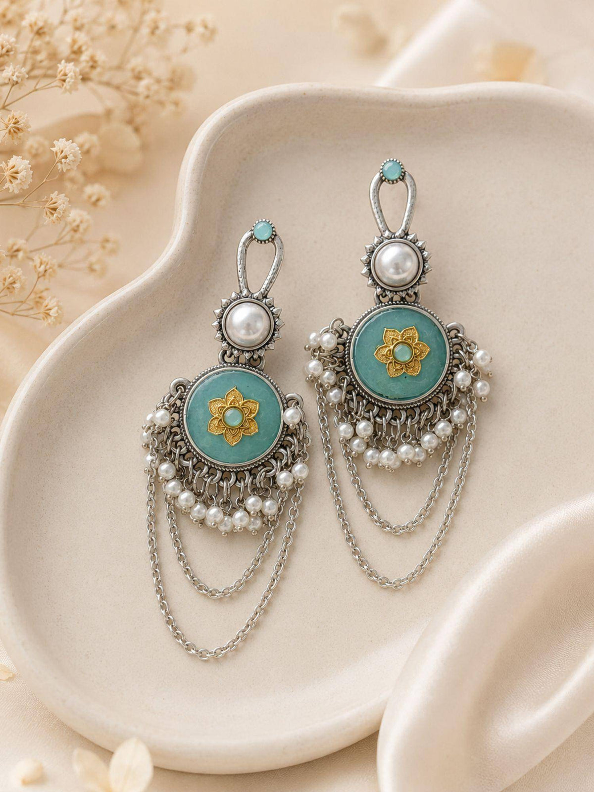 Abdesigns Women Turquoise Stones Brass Pair Of Earrings