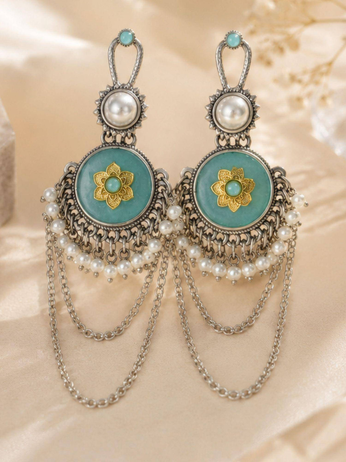 Abdesigns Women Turquoise Stones Brass Pair Of Earrings