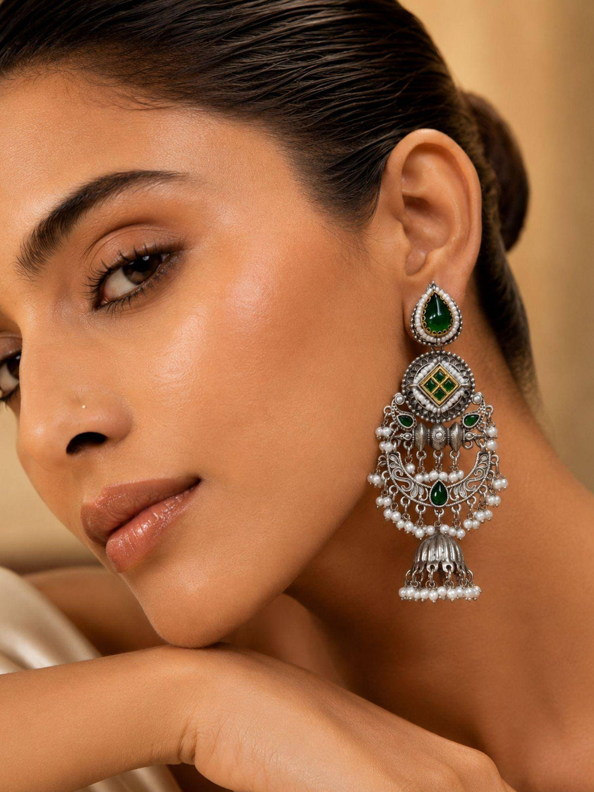 Abdesigns Women Green Stones Brass Pair Of Earrings