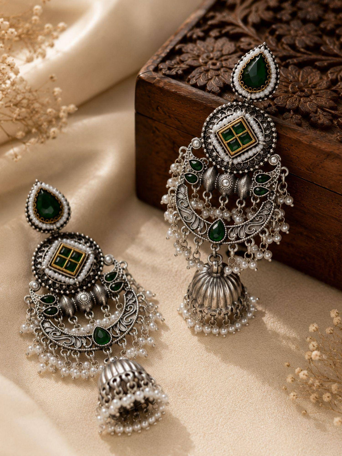 Abdesigns Women Green Stones Brass Pair Of Earrings