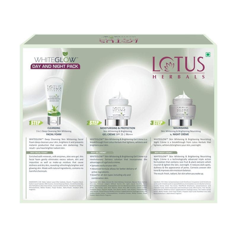 Lotus Herbals - WhiteGlow Day & Night Pack With WhiteGlow 3-in-1 Skin Whitening Free Face Wash Worth Rs.240 (50gm+100gm)