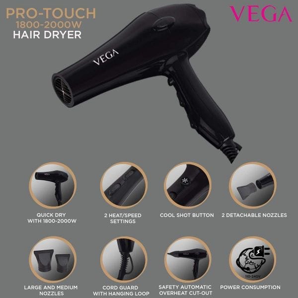 Vega - Pro Touch 1800-2000 Hair Dryer - (VHDP-02) (Black)