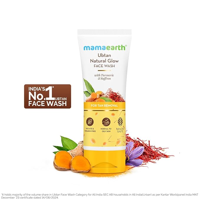 Mamaearth Ubtan Natural Glow Face Wash with Turmeric & Saffron | For Tan Removal & Skin brightening | SLS & Paraben Free | For All Skin Type | For Men & Women |