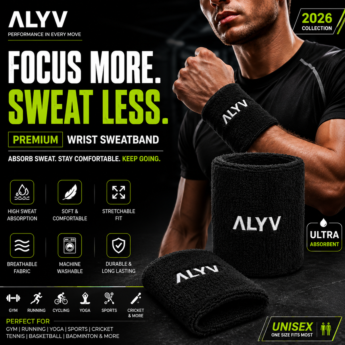 ALYV Sports Wrist Sweatband for Men & Women | Black | Set of 2