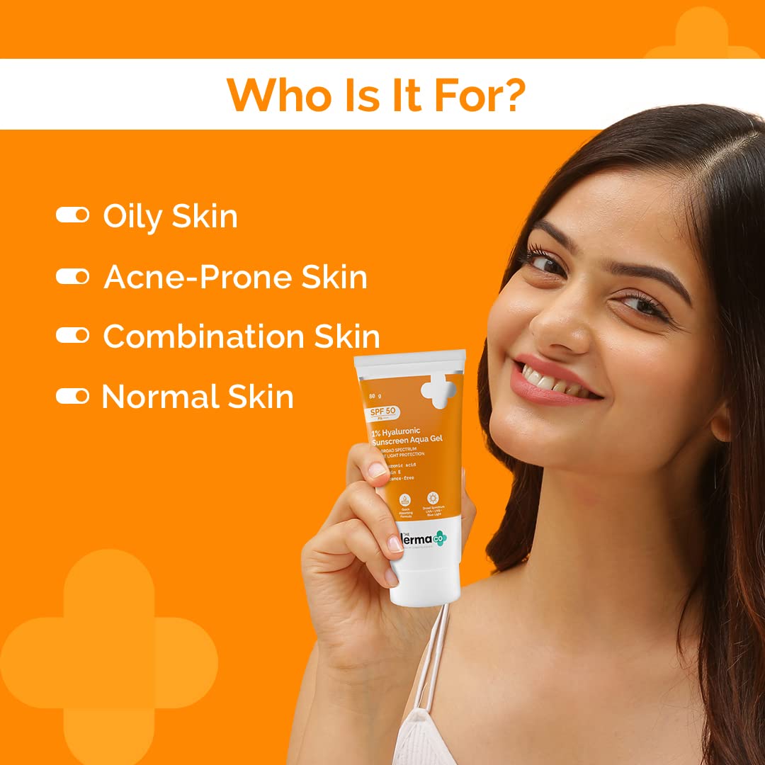 The Derma Co 1% Hyaluronic Sunscreen Aqua Gel SPF 50 PA++++ I For Oily, Dry, Acne-prone Skin | Ultra Lightweight Texture I Non-Greasy I No White Cast | Broad Sp
