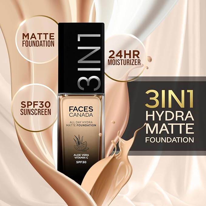 FACESCANADA All Day Hydra Matte Foundation Cream| 3-in-1 Foundation + Moisturizer + SPF 30|24 HR Aloe Hydration & Vitamin C|10HR Long Wear|Medium to High Builda