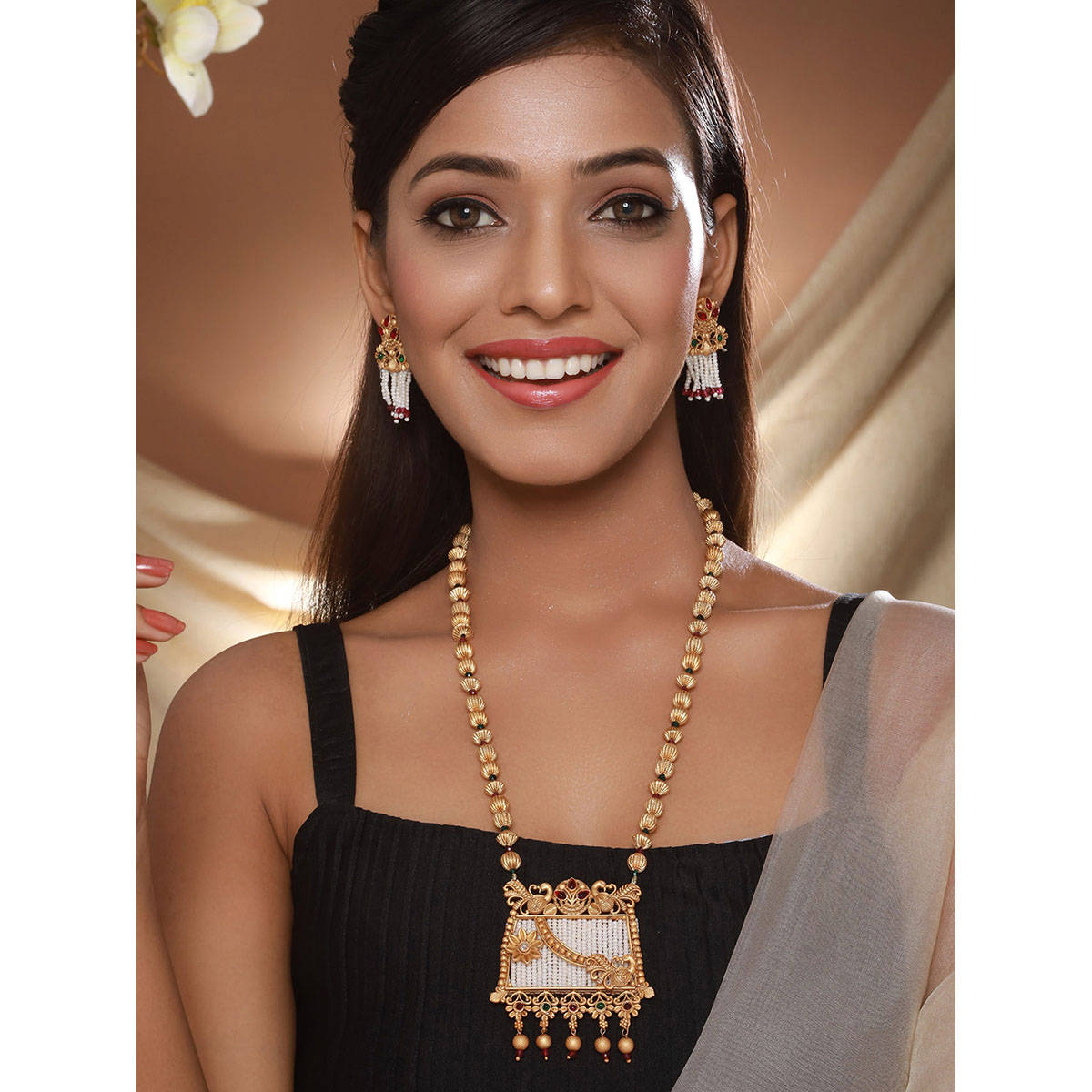 Aatmana 24K Gold-Plated Multi-Color Stone Studded and Pearl Beaded Handcrafted Traditional Necklace