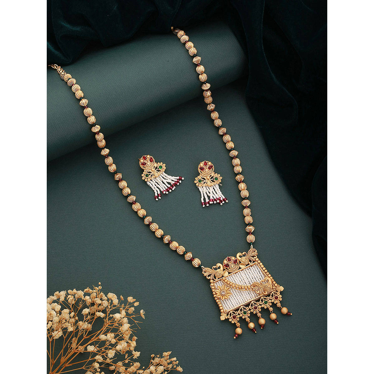 Aatmana 24K Gold-Plated Multi-Color Stone Studded and Pearl Beaded Handcrafted Traditional Necklace