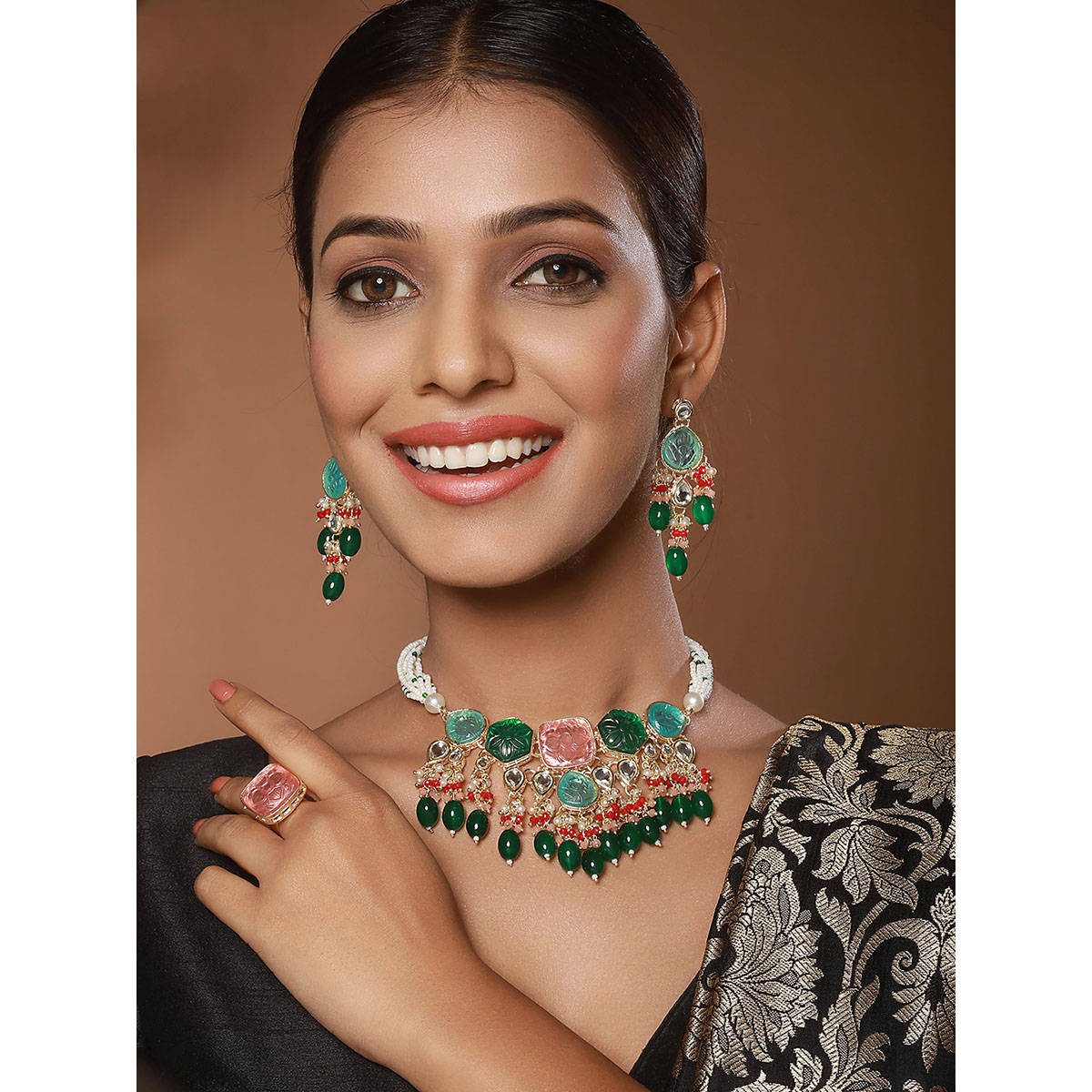 Aatmana Green-Plated Stones-Studded and Beaded Jewellery Set · Adjustable