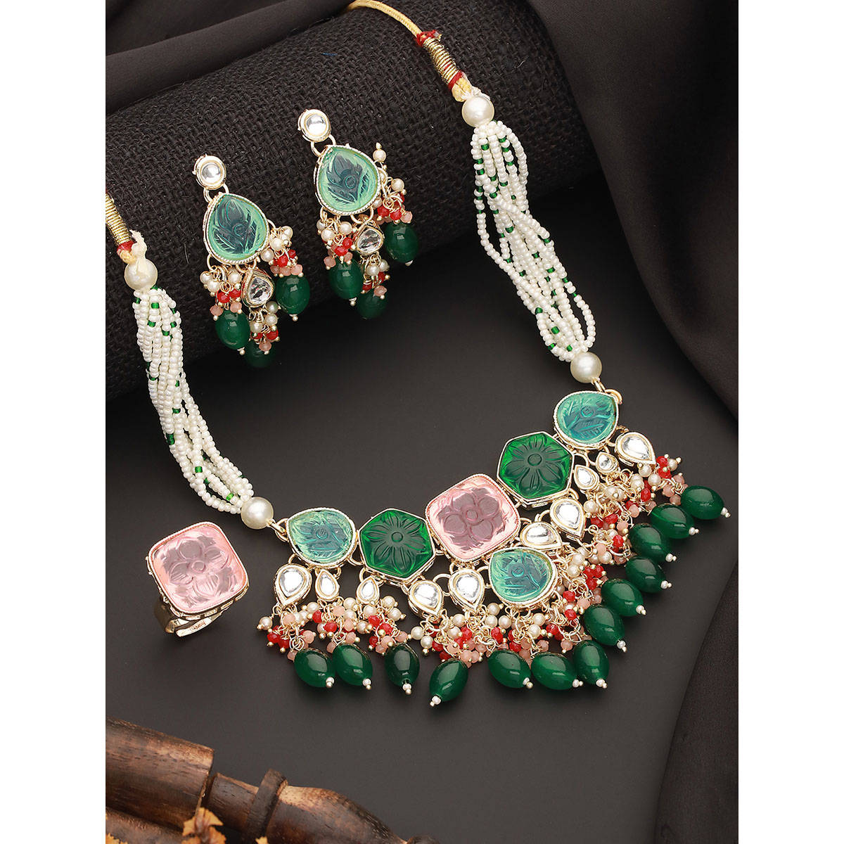 Aatmana Green-Plated Stones-Studded and Beaded Jewellery Set · Adjustable