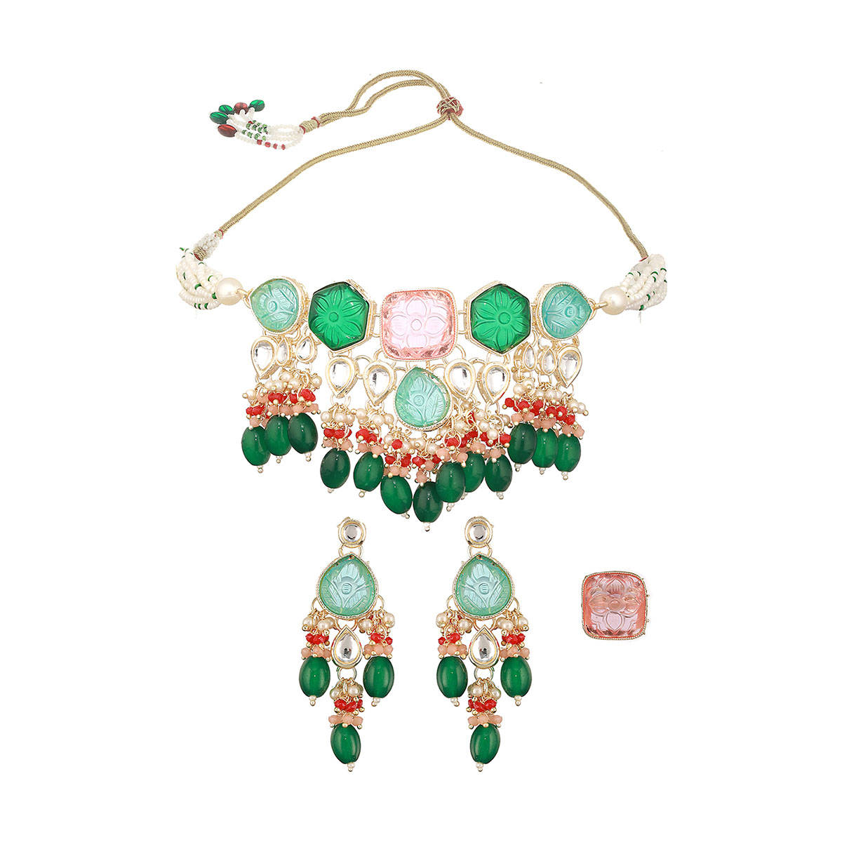 Aatmana Green-Plated Stones-Studded and Beaded Jewellery Set