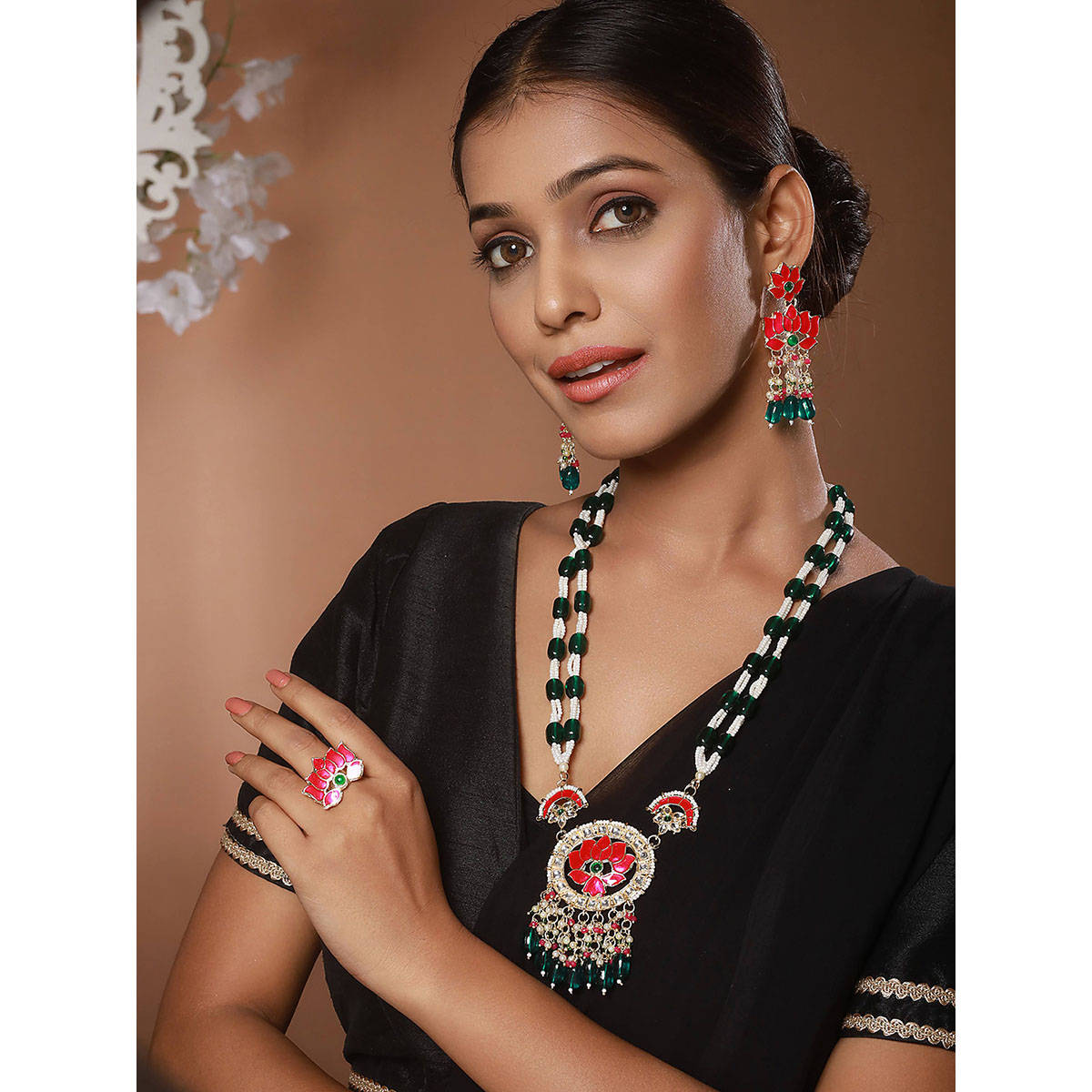 Aatmana Green-Plated and Stone-Studded and Beaded Jewellery Set · Adjustable