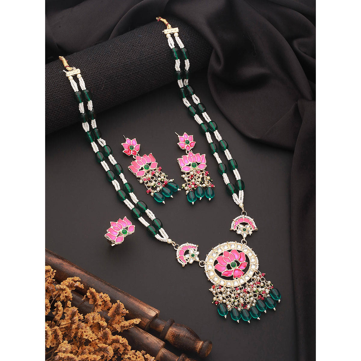 Aatmana Green-Plated and Stone-Studded and Beaded Jewellery Set · Adjustable