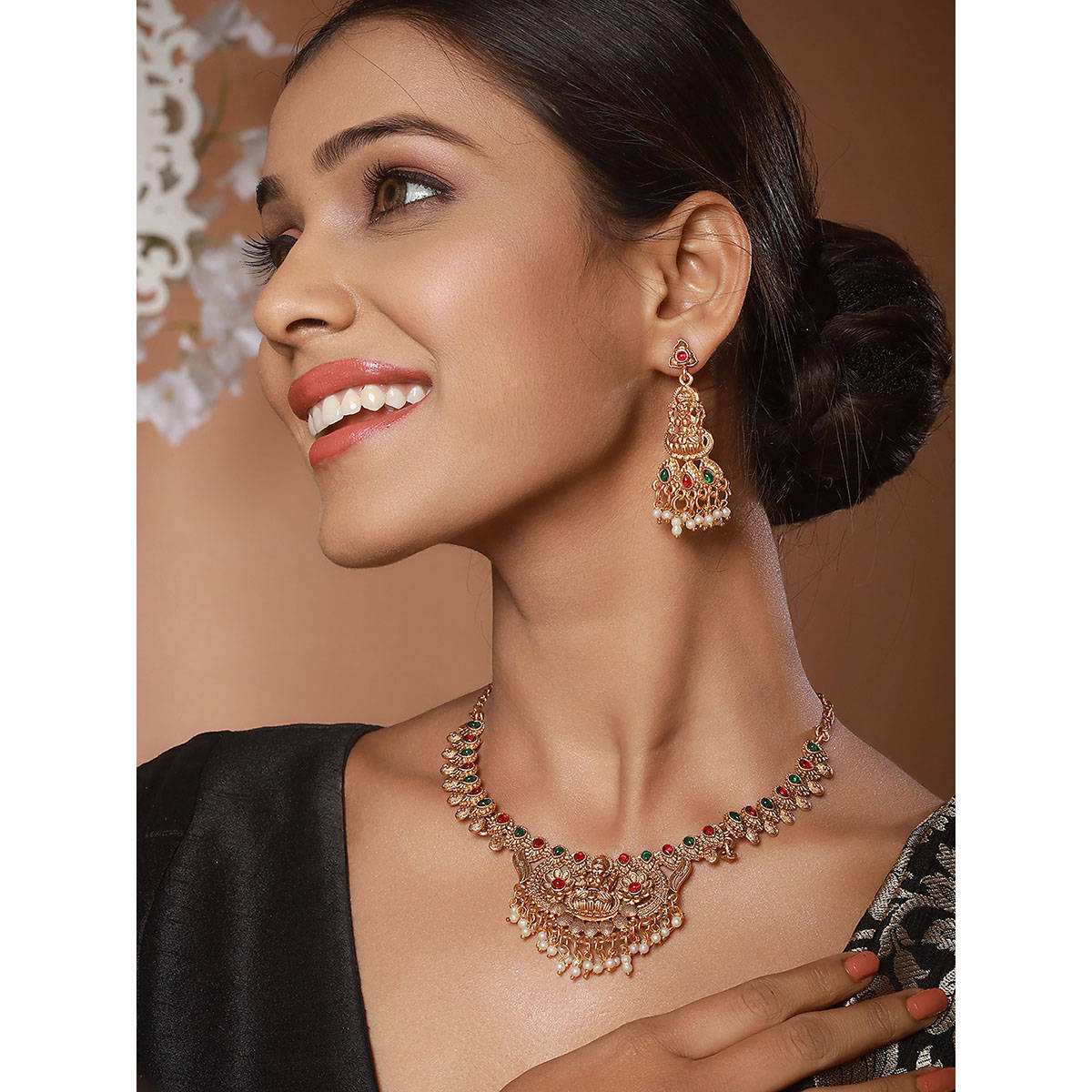 Aatmana Jazz and Sizzle Gold-Plated Stones Studded and Beads Beaded Temple Necklace with Earrings