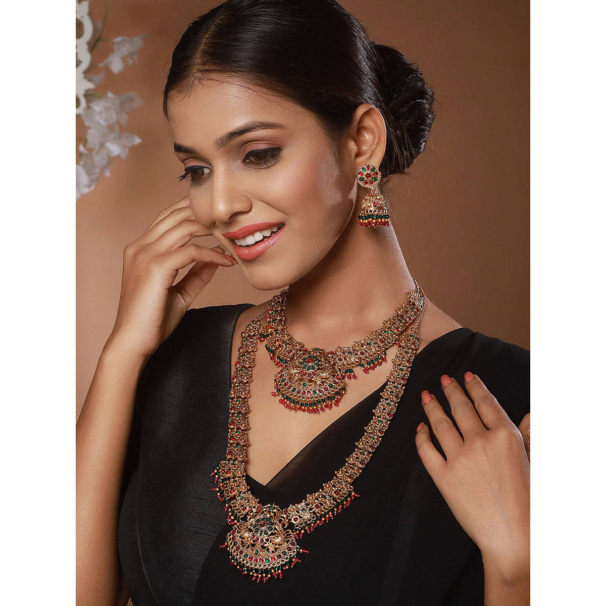 Aatmana Multi-Color Stone Studded and Beaded Gold-Plated Peacock Shaped Temple Choker Jewellery