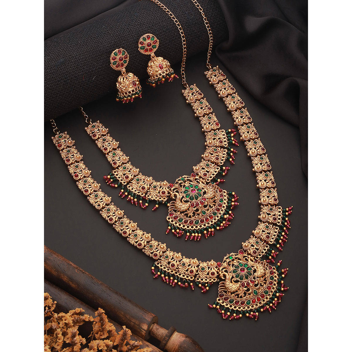 Aatmana Multi-Color Stone Studded and Beaded Gold-Plated Peacock Shaped Temple Choker Jewellery · Adjustable