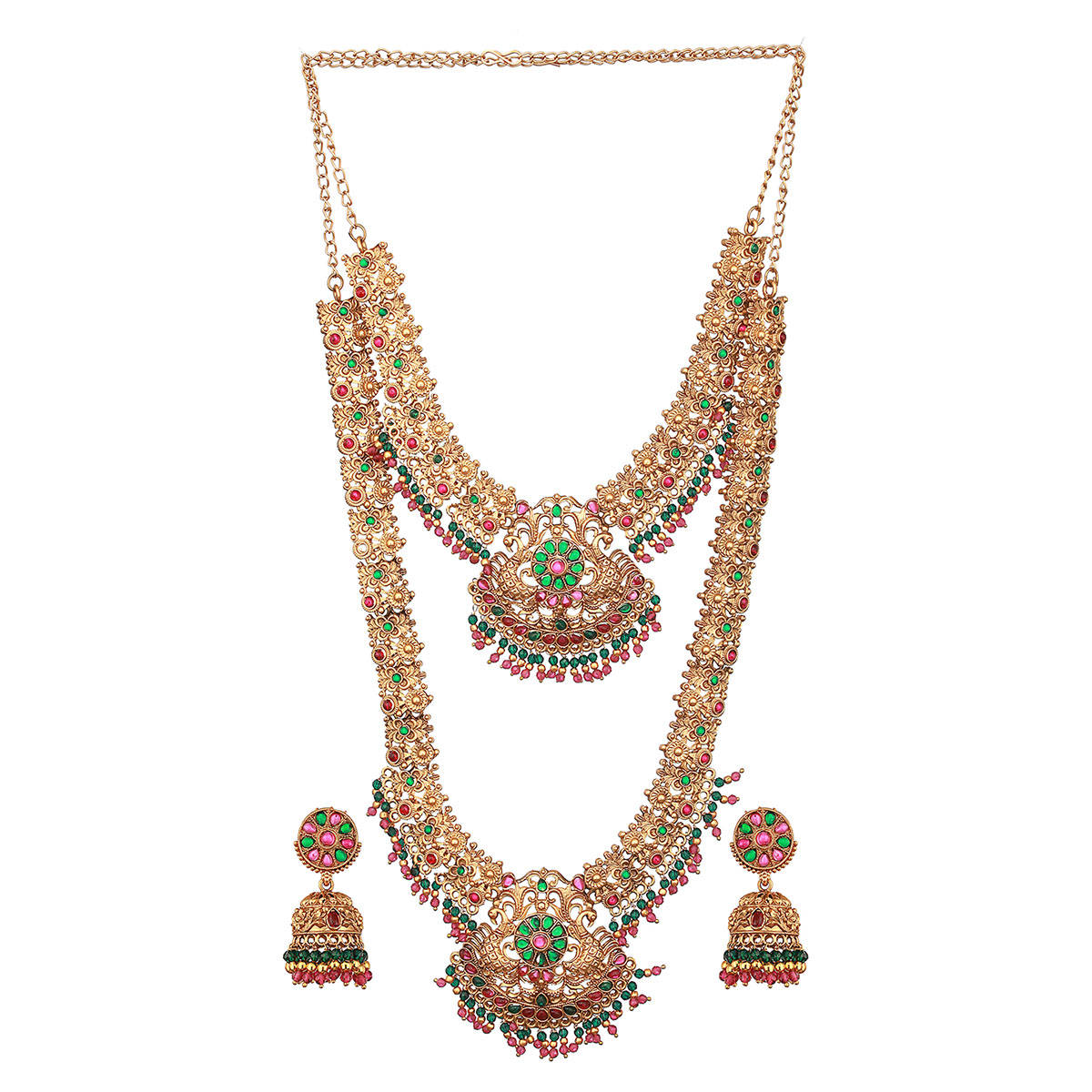 Aatmana Multi-Color Stone Studded and Beaded Gold-Plated Peacock Shaped Temple Choker Jewellery