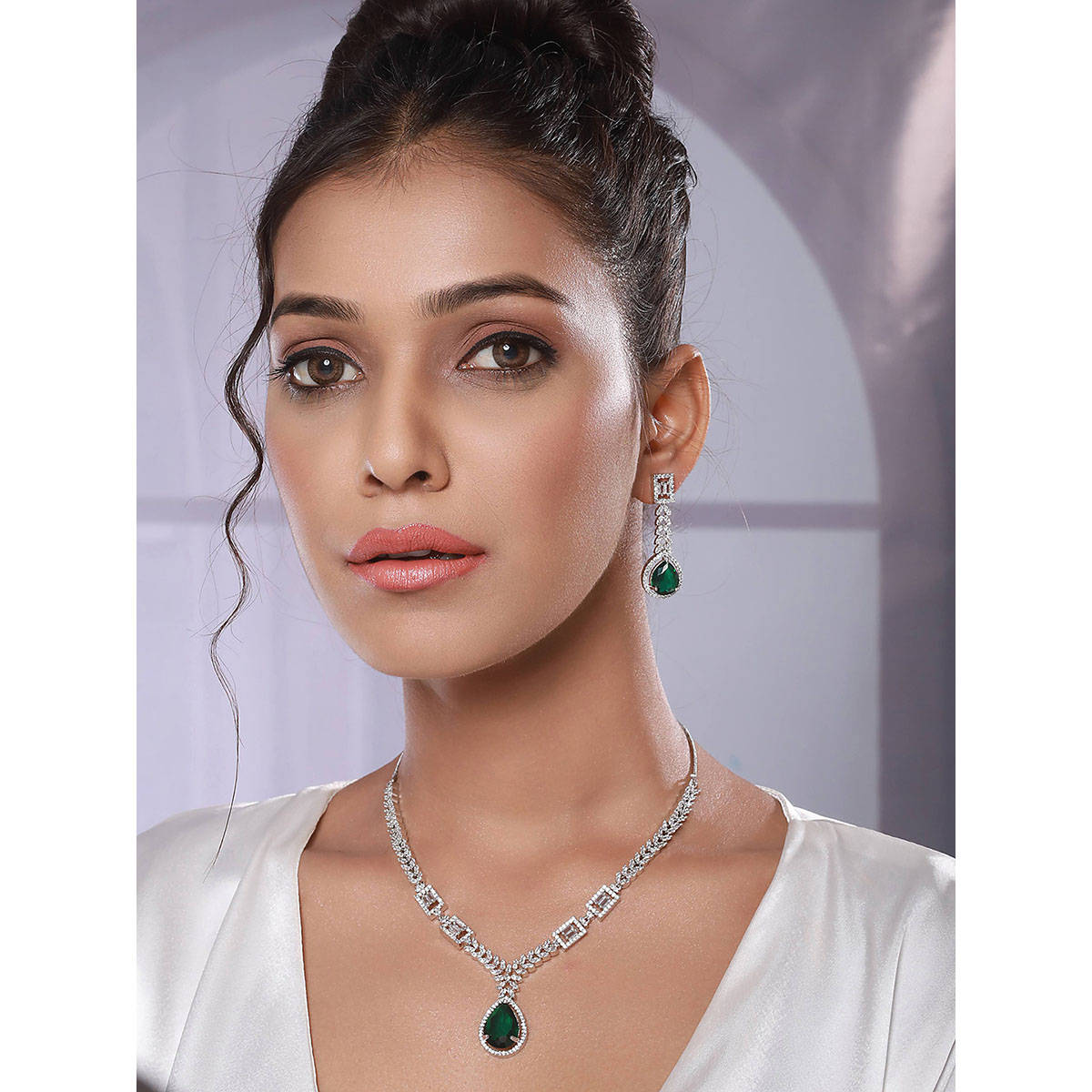 Aatmana Silver-Plated Green American Diamond-Studded Jewellery Set