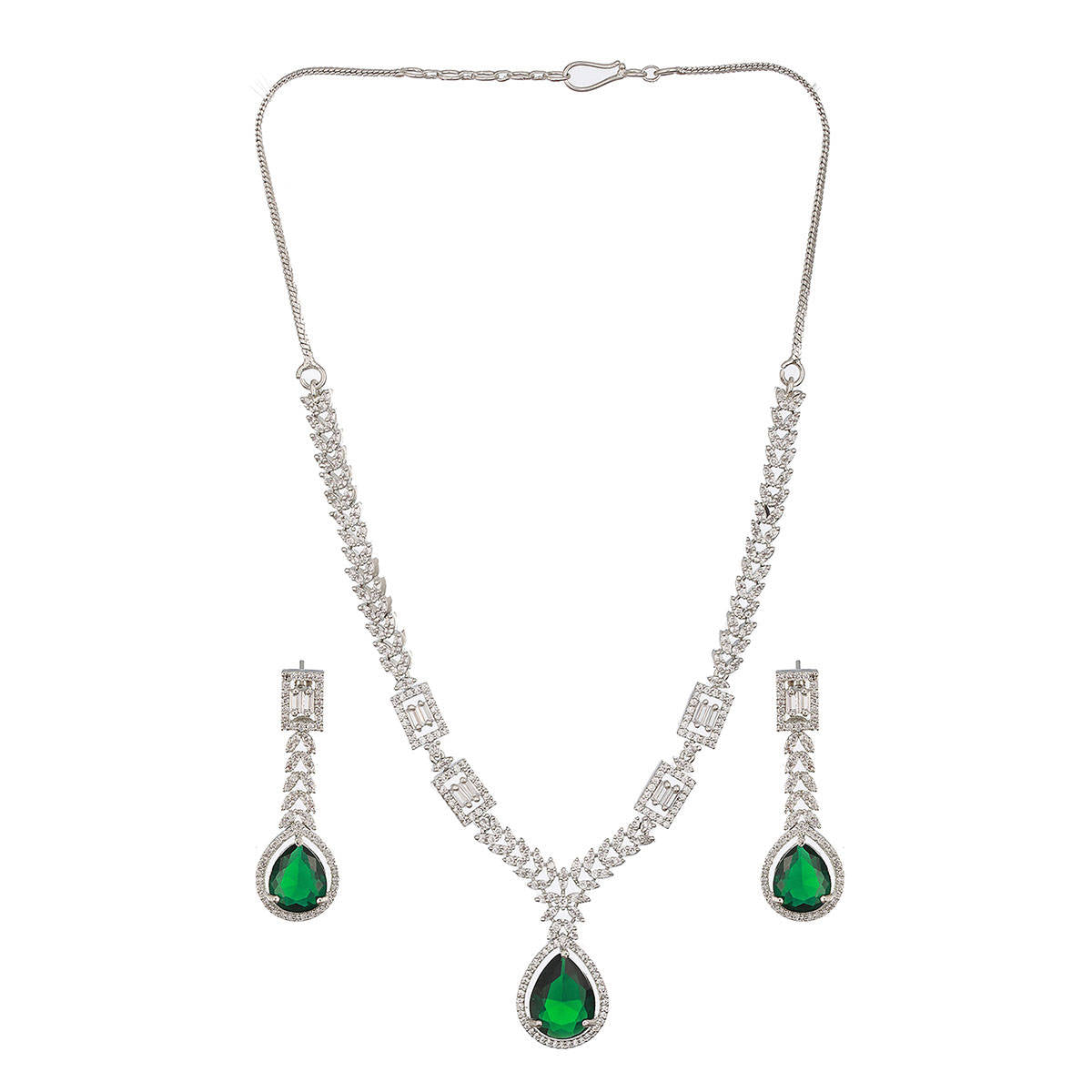 Aatmana Silver-Plated Green American Diamond-Studded Jewellery Set